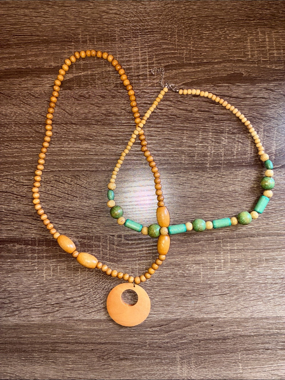 Vintage 80’s Handcrafted Yellow and Green Wooden Bead Necklace Set